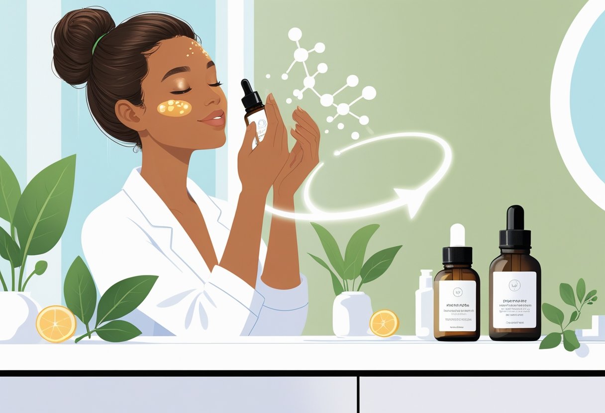 A woman in her 30s applying serum to her face in a bright bathroom with skincare products on the counter nearby.