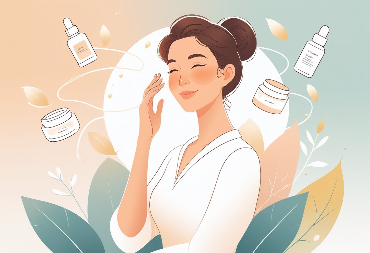 A woman in her early 30s gently touching her glowing skin surrounded by skincare product icons and natural elements.