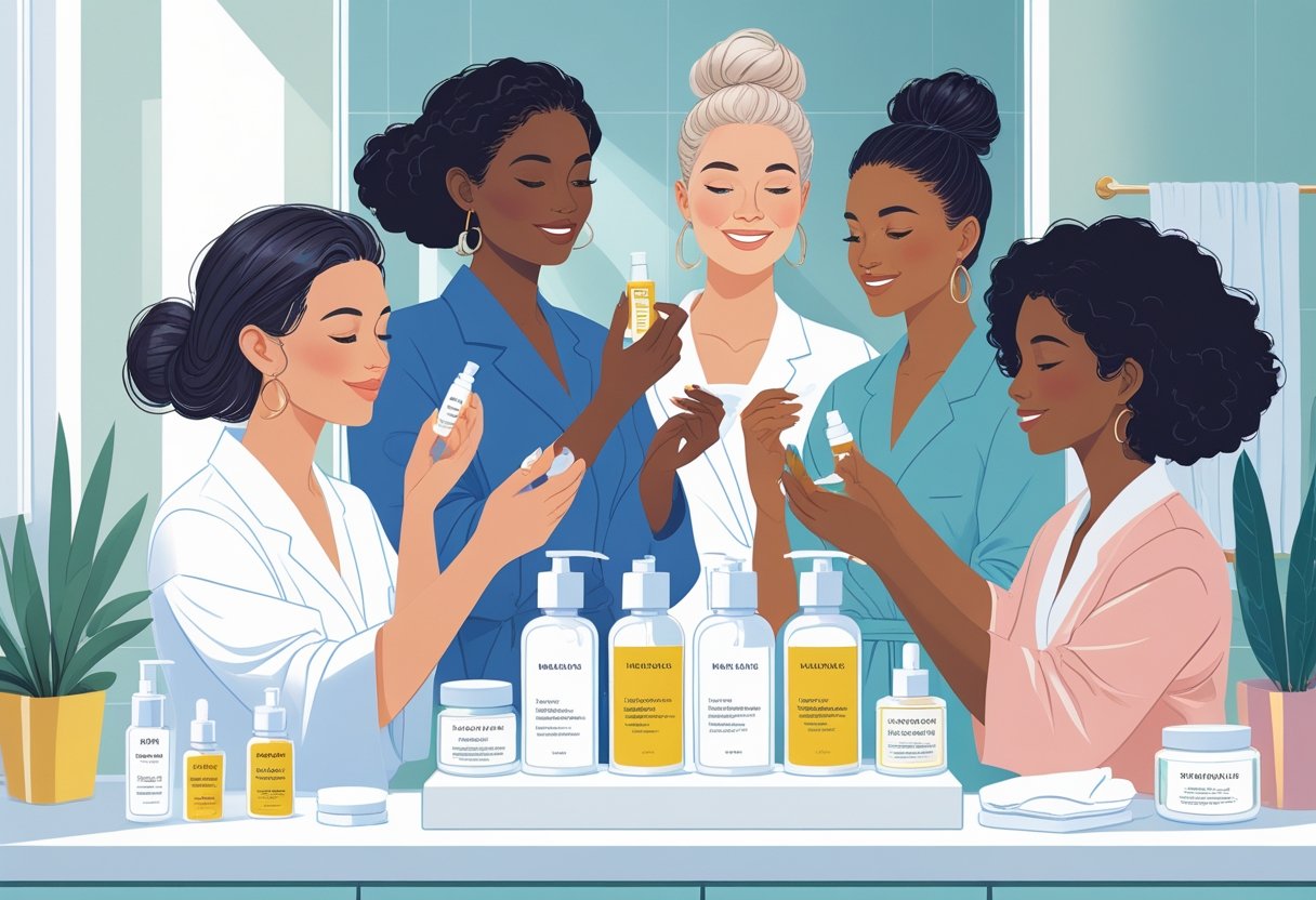 Women over 30 in a modern bathroom applying skincare products with bottles and jars on a vanity surrounded by plants.