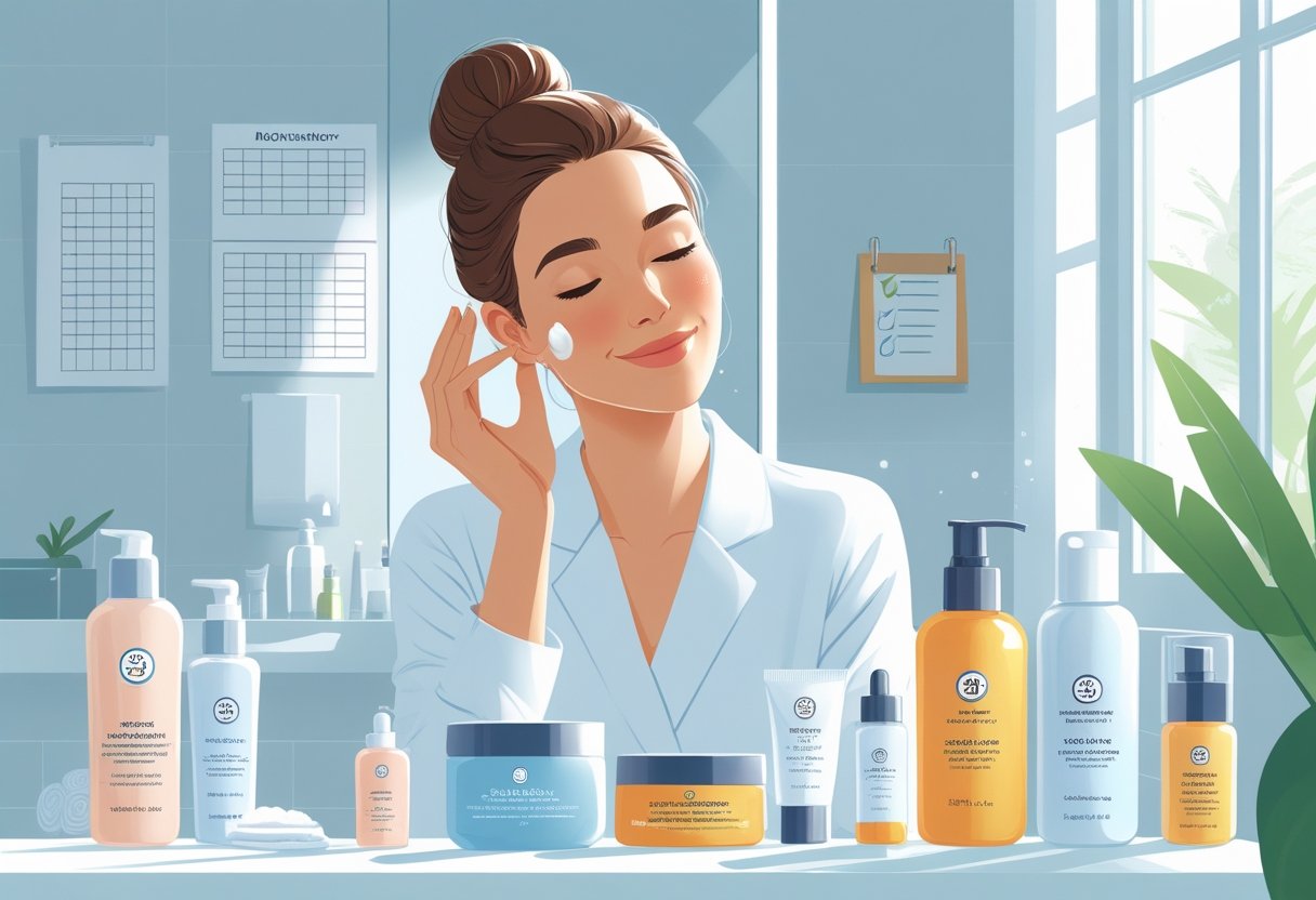 A woman in her 30s applying moisturizer in a modern bathroom with skincare products on the counter and a calendar in the background.