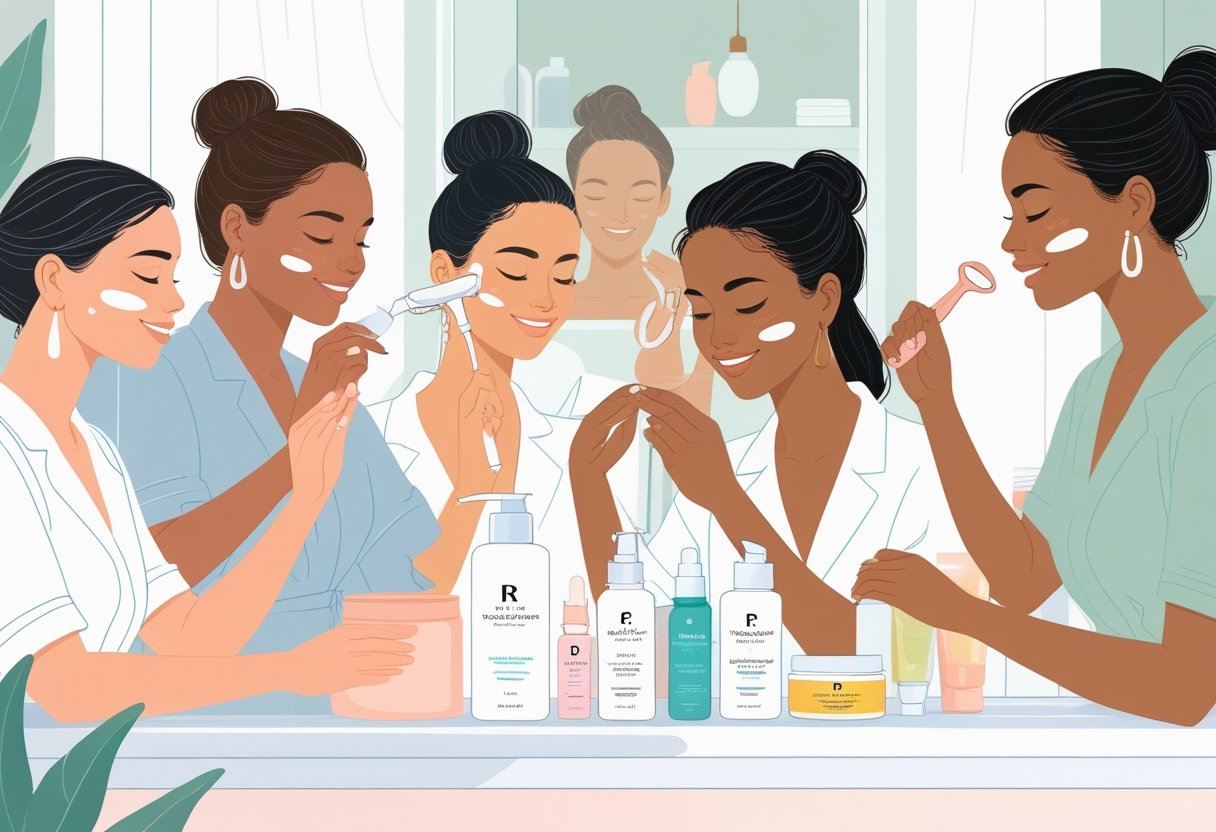 Women in their 30s using skincare products and tools like facial cleanser, serum, moisturizer, facial roller, and sunscreen in a bright bathroom setting.