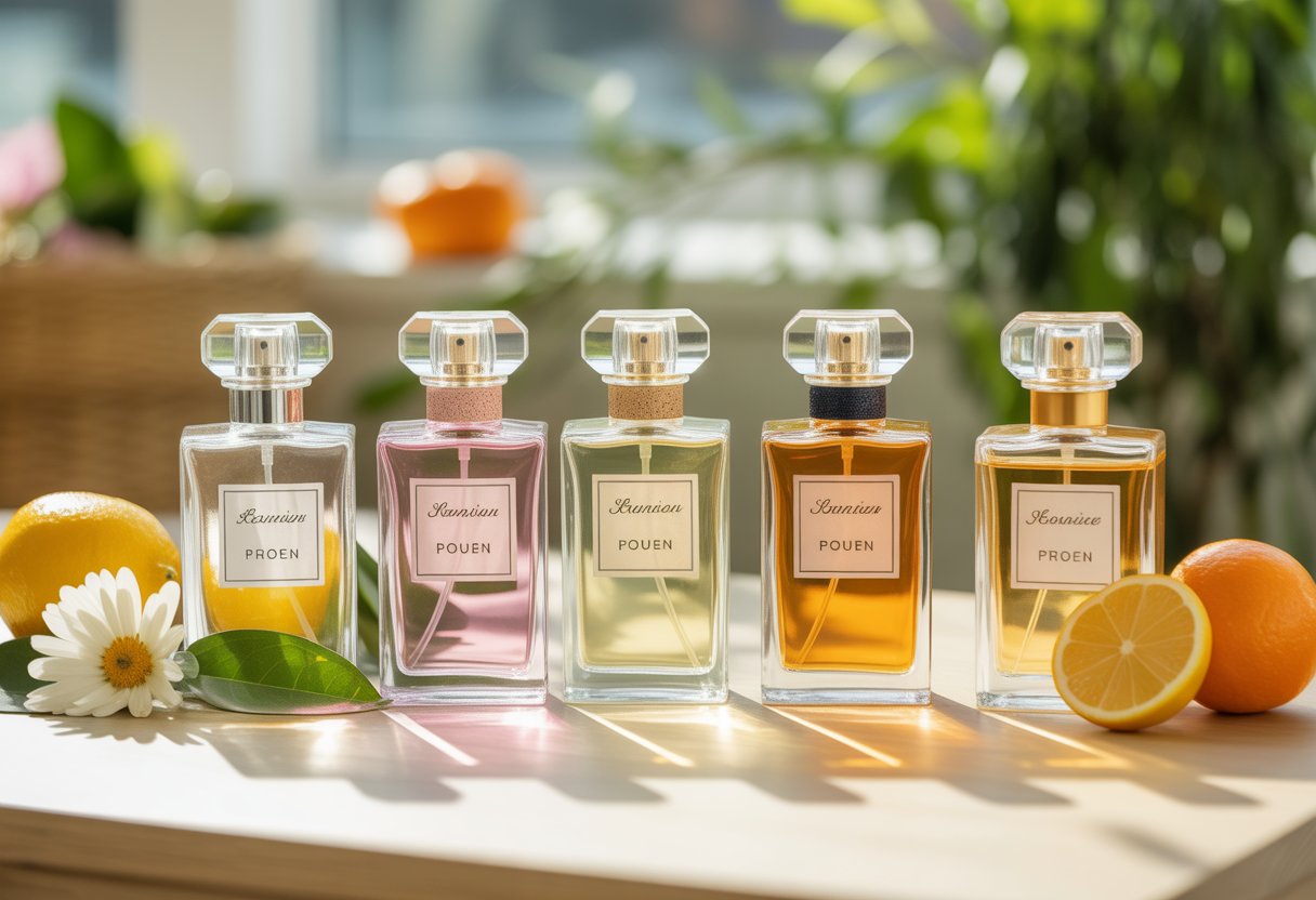 Five perfume bottles arranged on a wooden surface surrounded by flowers, citrus fruits, and green leaves with soft sunlight.