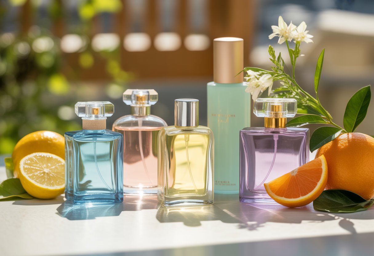 Five elegant perfume bottles arranged with citrus fruits and flowers on a sunlit surface, evoking a fresh summer atmosphere.