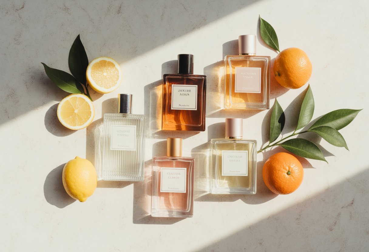 A flat lay of five perfume bottles arranged with citrus fruits and green leaves on a light surface in natural sunlight.