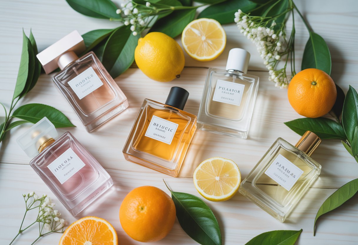Five perfume bottles arranged on a wooden surface with citrus fruits, green leaves, and white flowers around them.
