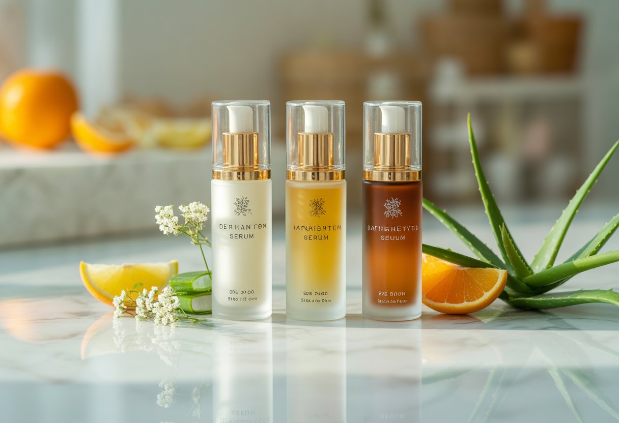 Three serum bottles displayed on a marble surface with fresh skincare ingredients around them.