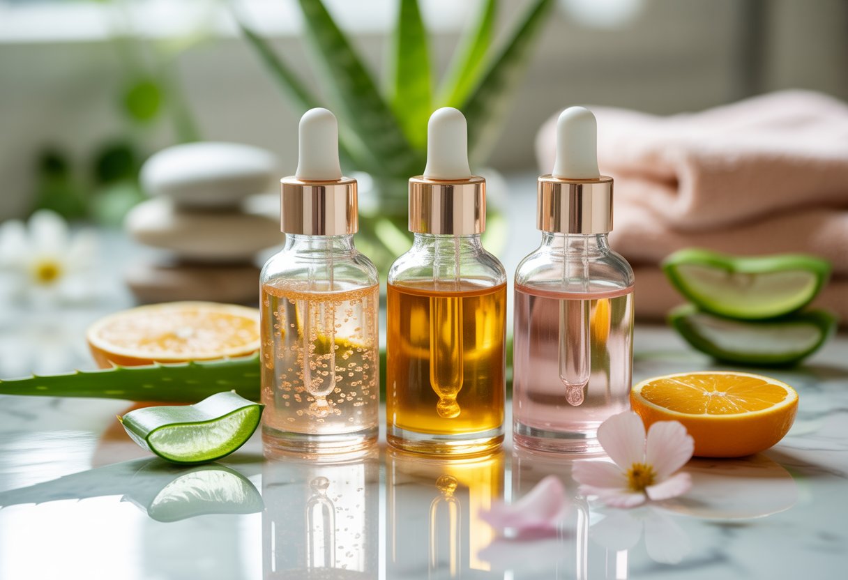 Three glass serum bottles with glowing liquids on a marble surface surrounded by natural skincare ingredients like aloe vera, citrus slices, and flower petals.