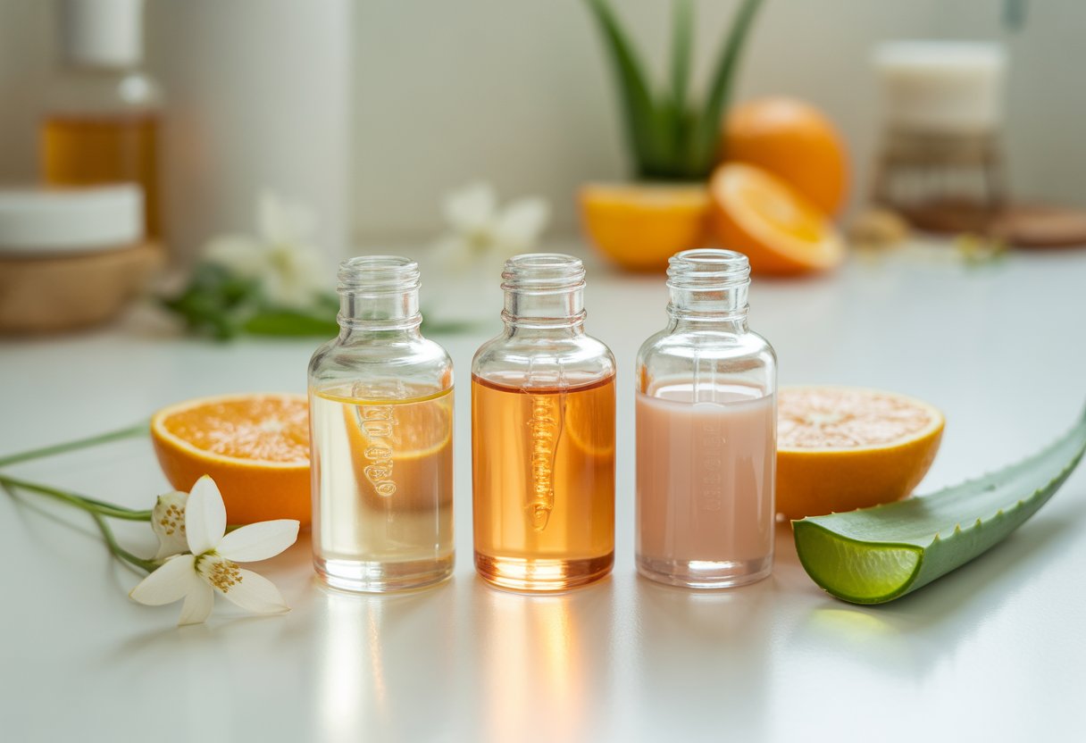 Three glass serum bottles with glowing liquids on a white surface, surrounded by natural skincare ingredients like citrus slices and aloe vera leaves.
