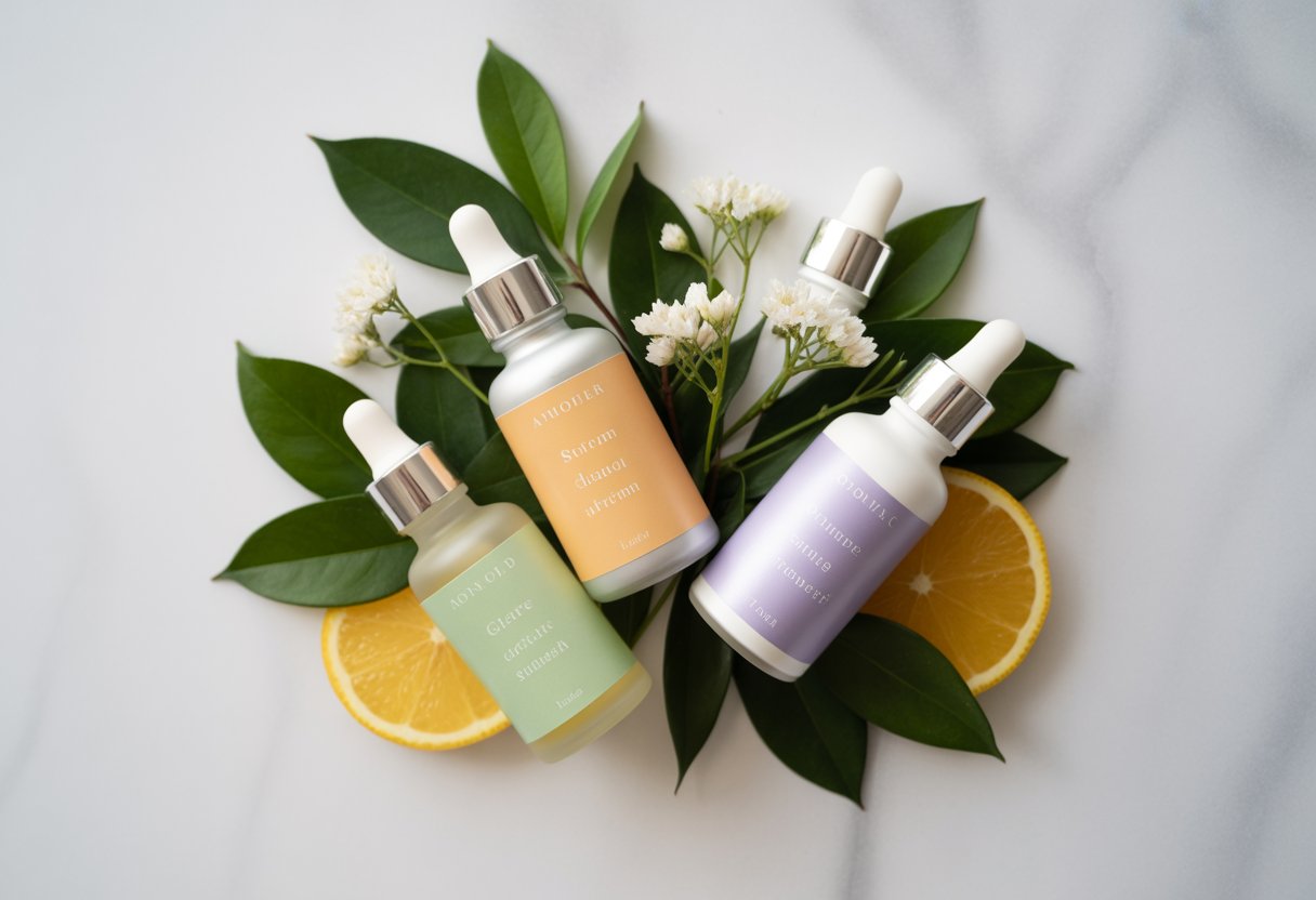 Flat lay of three serum bottles with droppers on a white marble surface surrounded by green leaves, citrus slices, and white flowers.