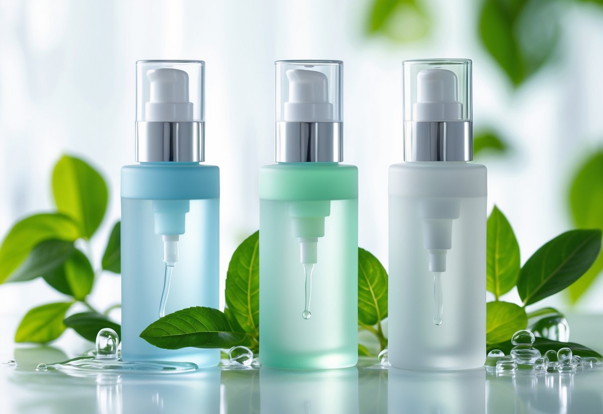 Three lightweight moisturizer bottles with pump and dropper dispensers on a white surface surrounded by green leaves and water droplets.