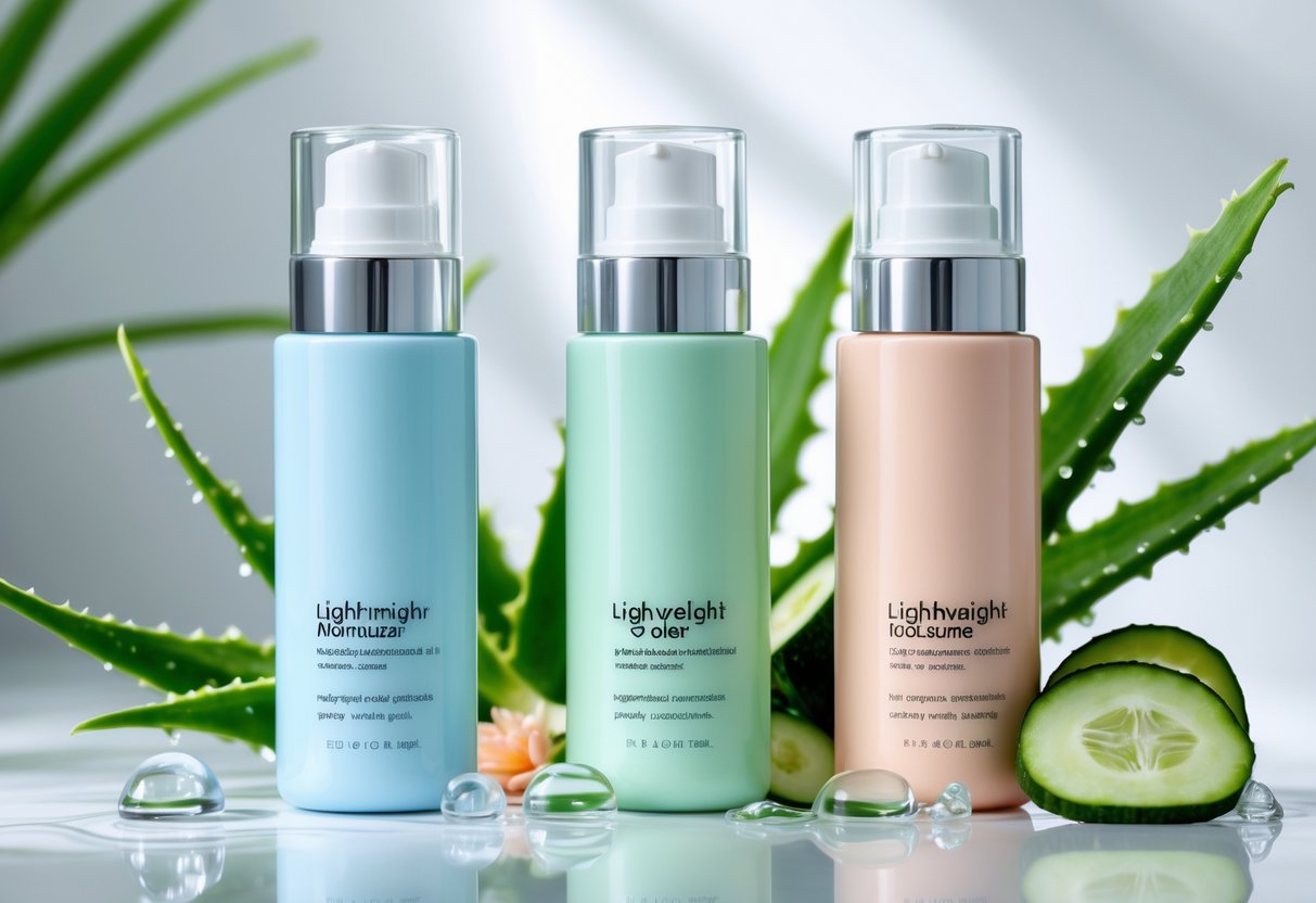 Three lightweight moisturizer bottles on a white surface surrounded by aloe vera leaves, cucumber slices, and water droplets.