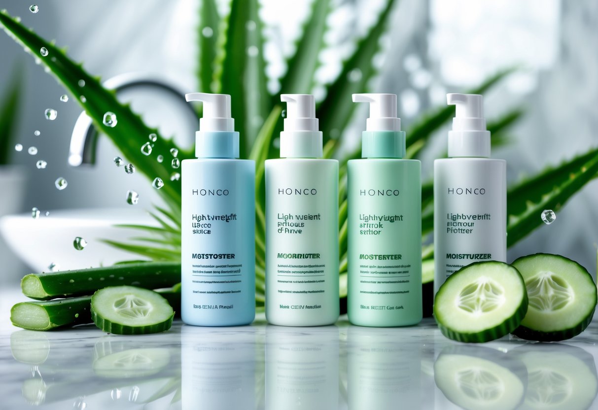 Three lightweight moisturizer bottles for oily skin arranged on a white marble surface with aloe vera leaves, cucumber slices, and water droplets around them.