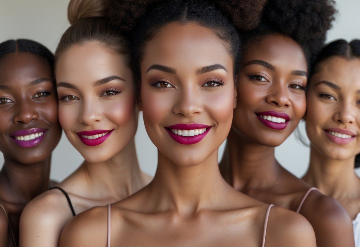 A diverse group of women with different skin tones smiling, each wearing a different lipstick shade that complements their complexion.