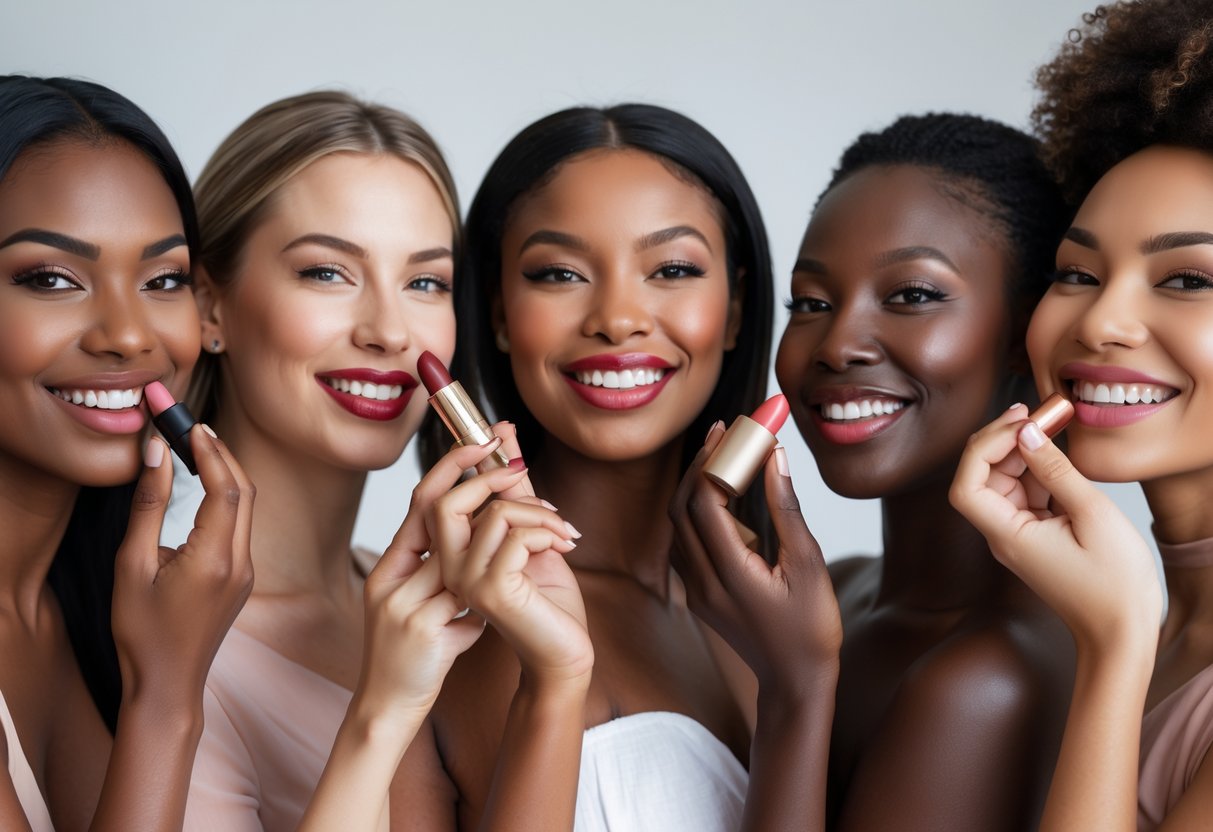 A group of diverse women with different skin tones applying and showing various lipstick shades on their lips.