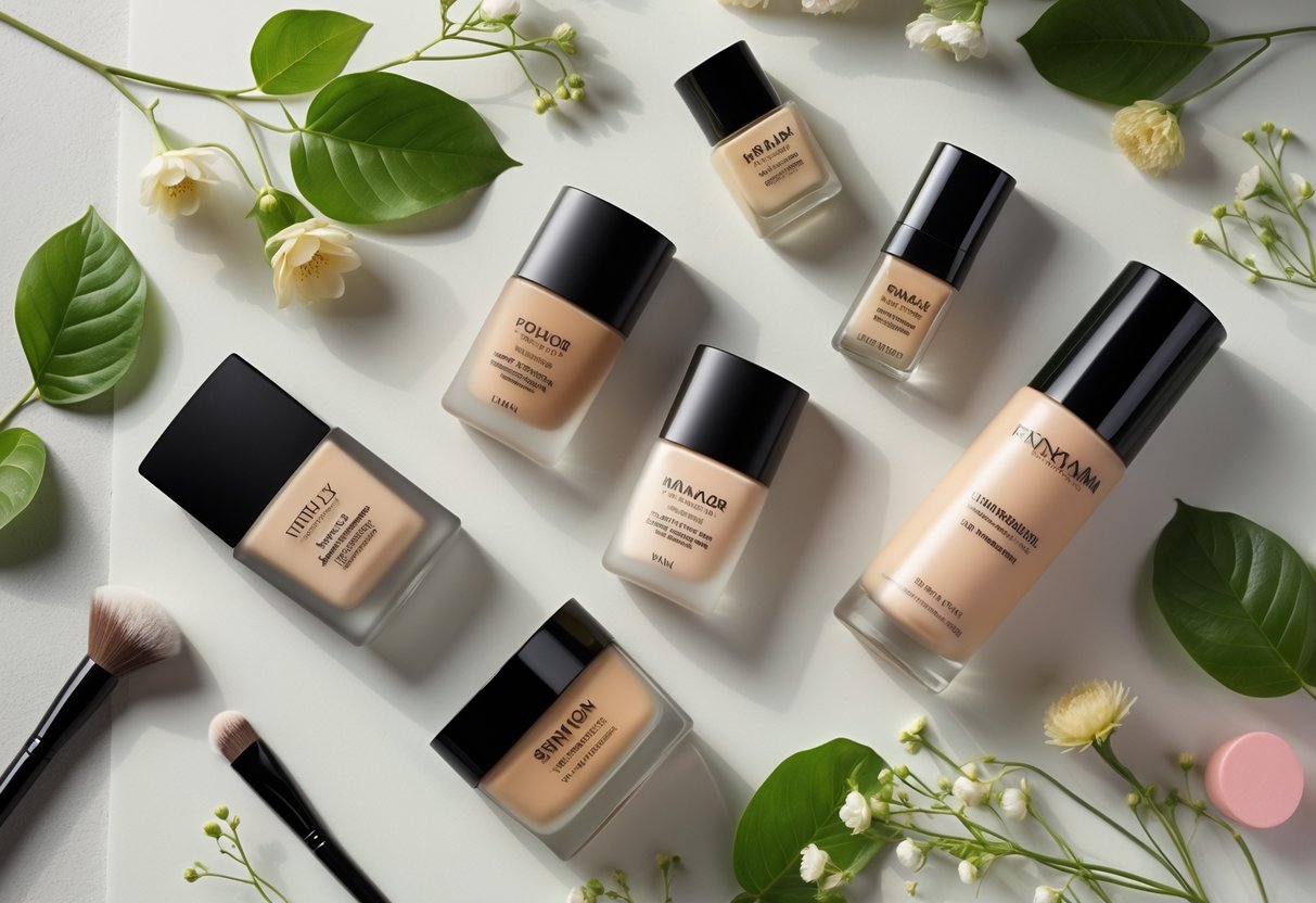 A flat lay of five foundation bottles and compacts arranged with makeup brushes and fresh flowers on a neutral background.
