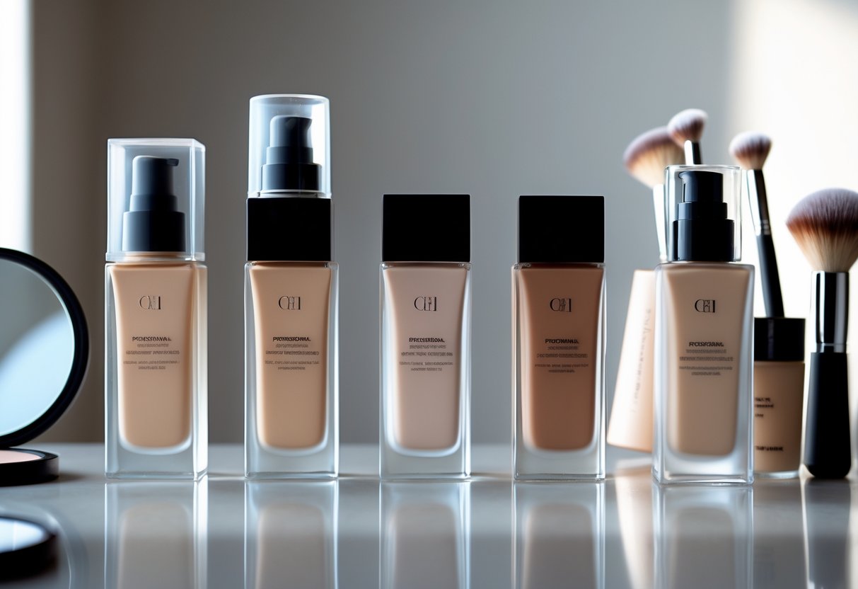 Five foundation bottles in different shades arranged on a makeup vanity with brushes and a mirror in the background.