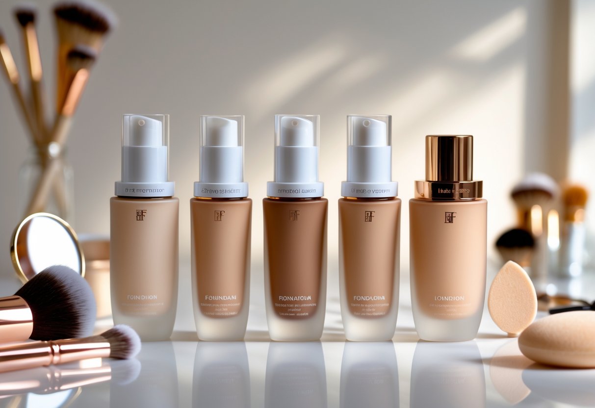 Five foundation bottles of different shades arranged on a white surface with makeup brushes and a blending sponge nearby.