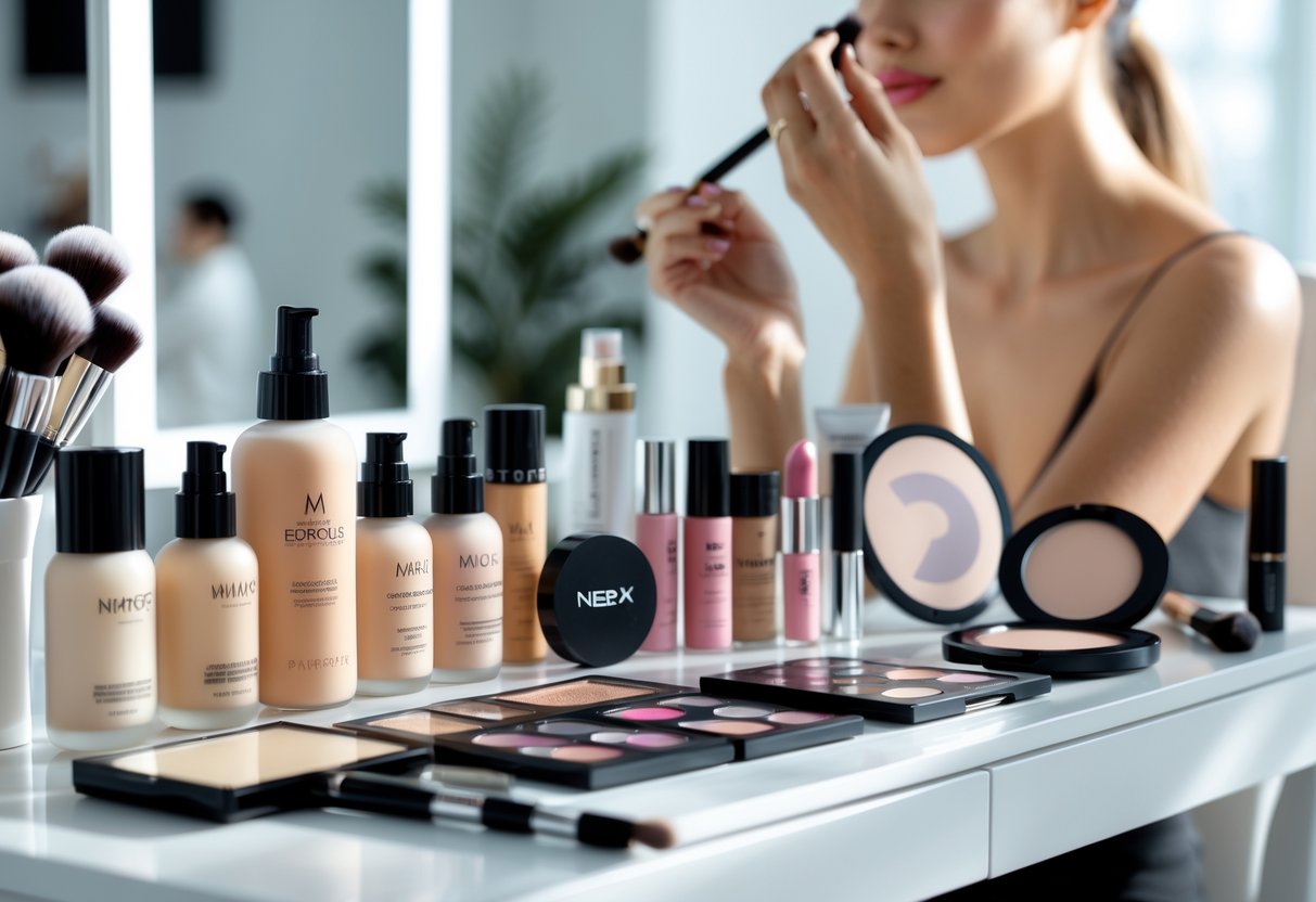 A makeup artist applying makeup on a model with various affordable makeup products arranged on a white table nearby.