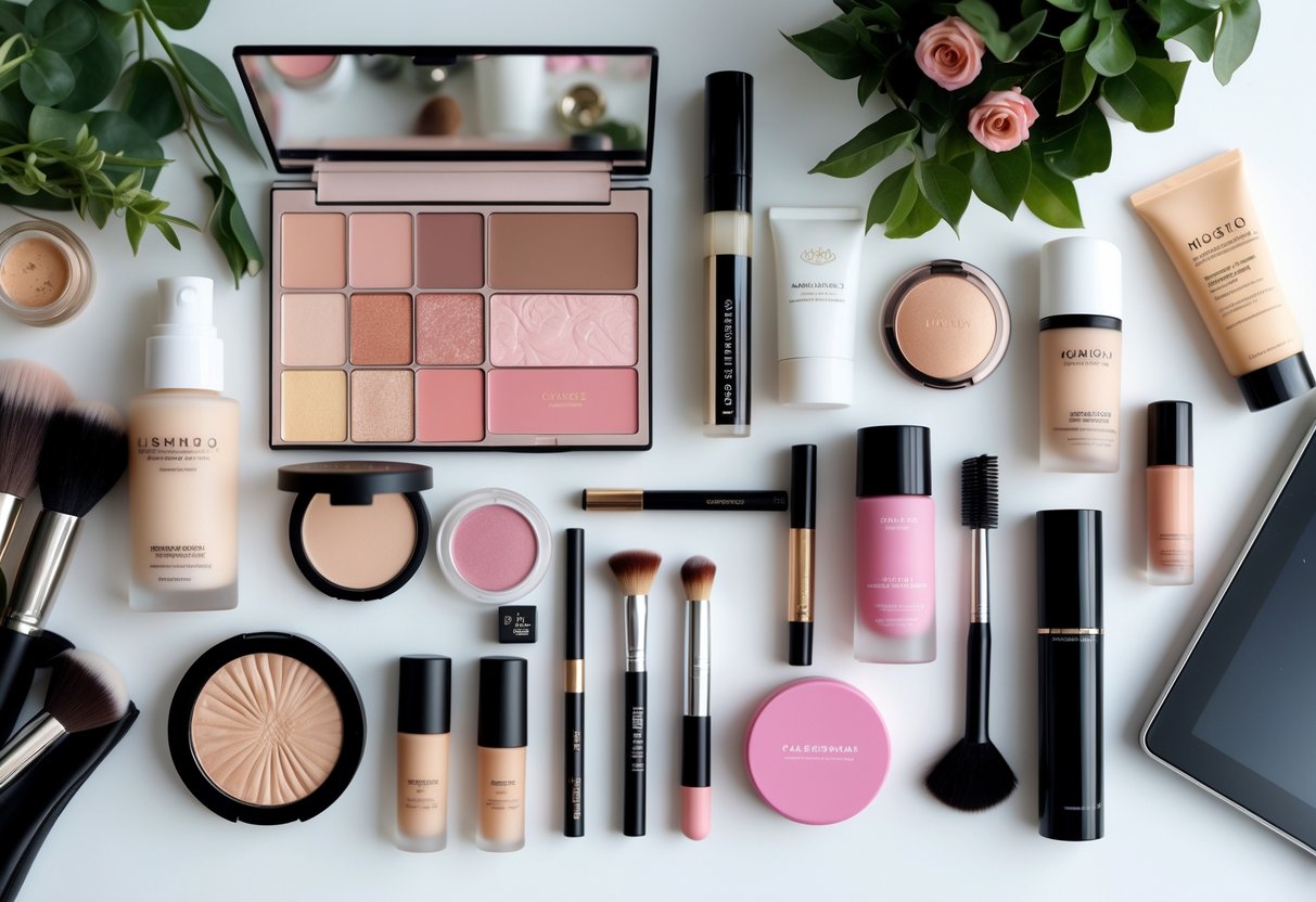 Flat lay of various affordable makeup products including foundation, eyeshadow palettes, lipsticks, and brushes arranged neatly on a white surface with soft natural lighting.