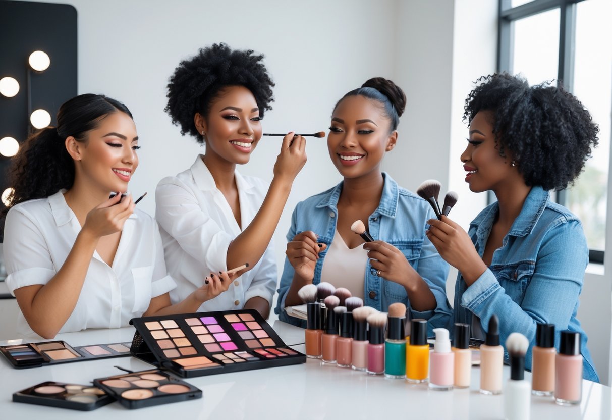 Three makeup artists working together in a bright studio with affordable makeup products on a table.