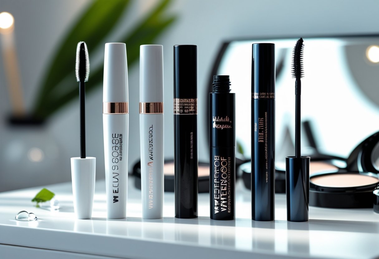 Five waterproof mascara tubes arranged on a white surface with natural elements in the background.