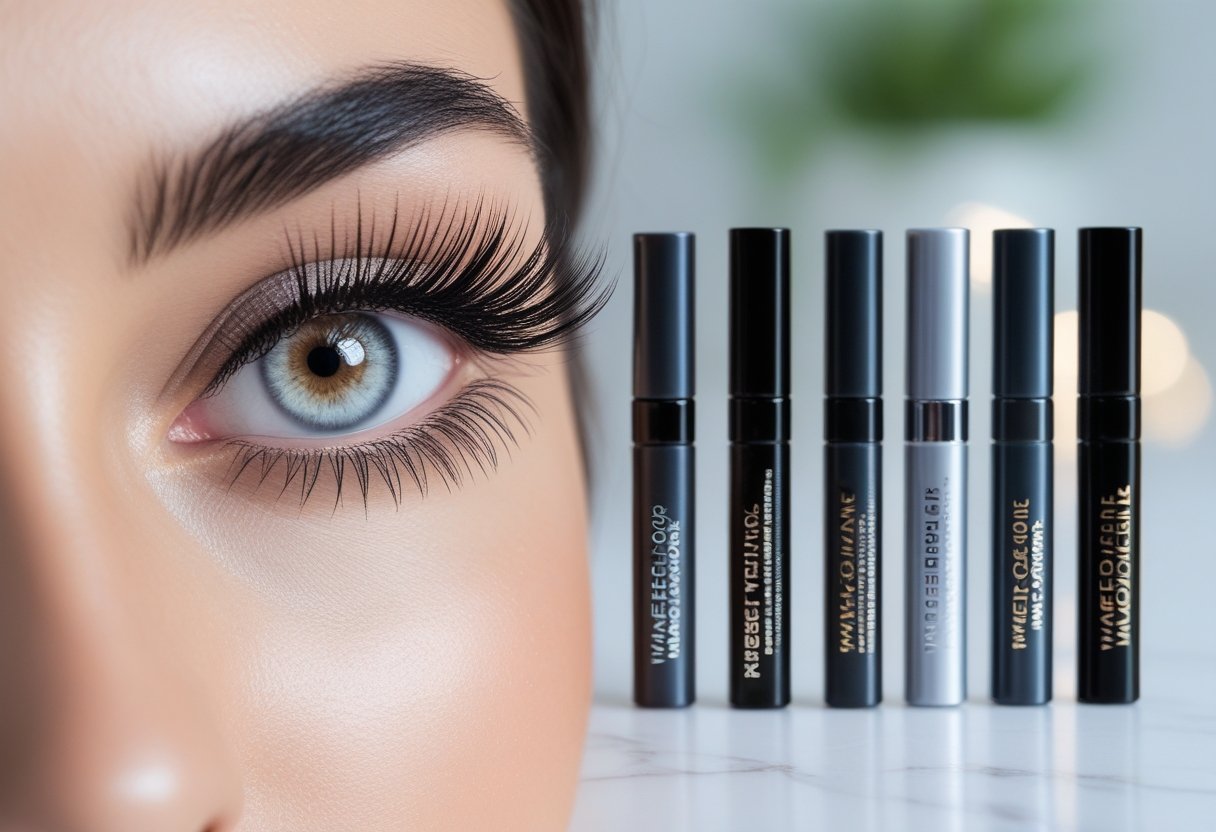 Close-up of a woman's eye with long, thick eyelashes coated in waterproof mascara, next to five different mascara tubes arranged on a white surface.