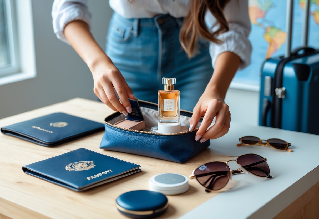 A woman packing a small perfume bottle into a toiletry bag with travel items on a wooden surface.