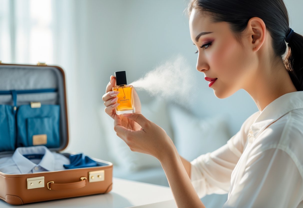 A young woman applying perfume from a small bottle near her wrist with an open suitcase in the background.