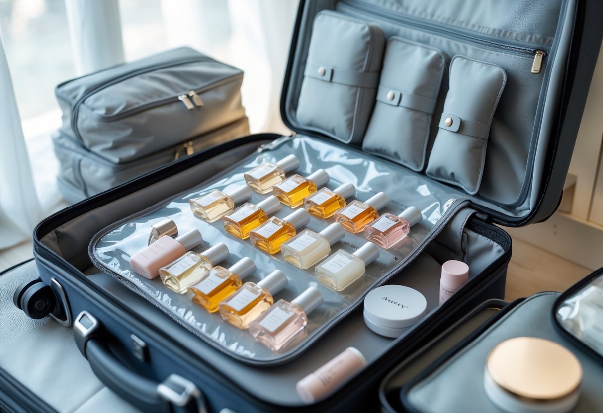 An open suitcase with neatly packed travel-sized perfume bottles in a clear pouch, surrounded by travel accessories on a surface near a window.