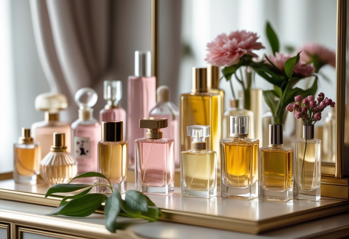 A vanity table with a collection of various perfume bottles arranged neatly with fresh flowers and green leaves.