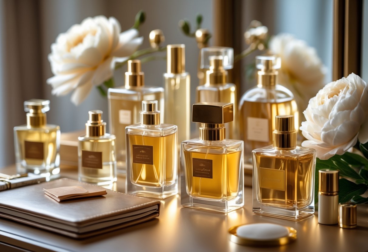 A vanity table with various perfume bottles, a notebook, and a flower arranged neatly under soft natural light.