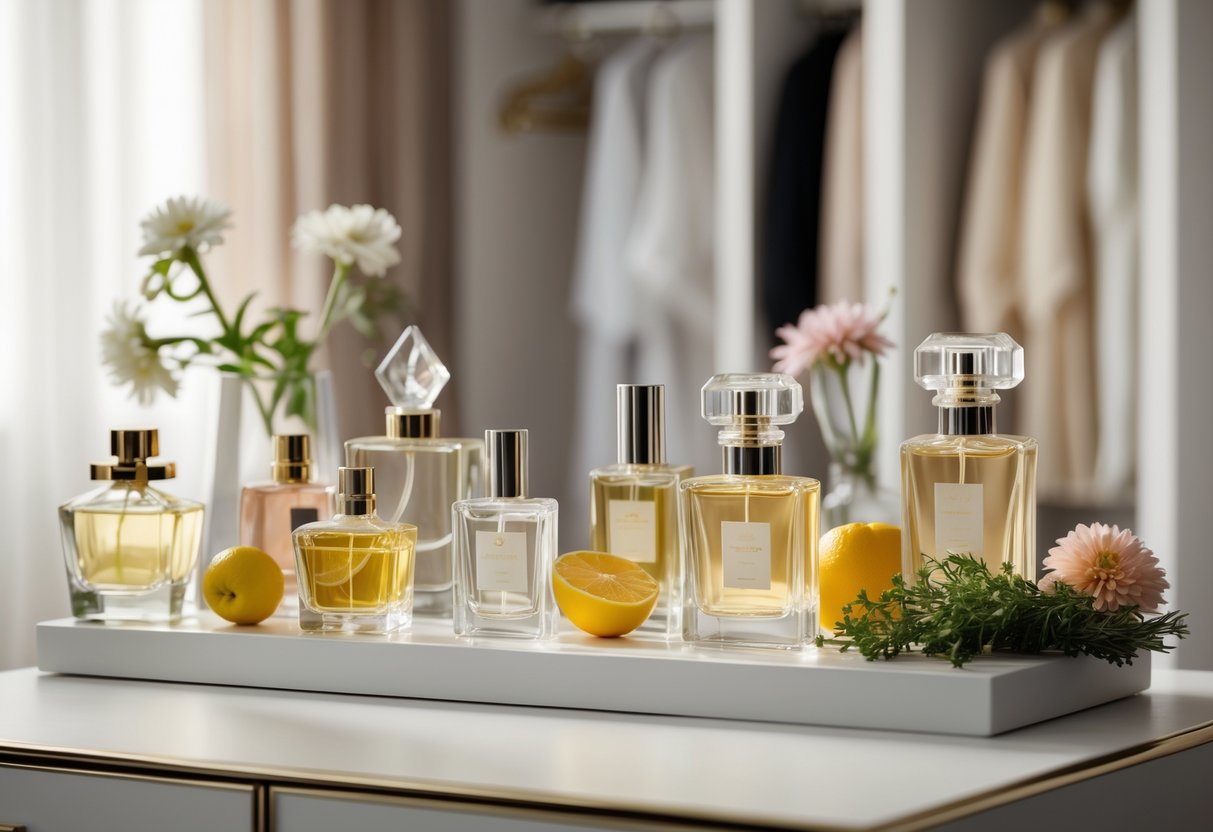 A collection of perfume bottles arranged on a vanity table with flowers, fruits, and herbs nearby, suggesting fragrance and personal scent selection.