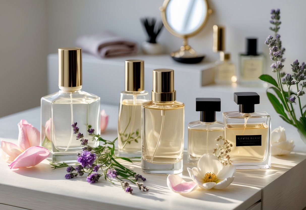 A flat lay of various perfume bottles surrounded by flowers and a minimalist vanity setup with scarves and jewelry.