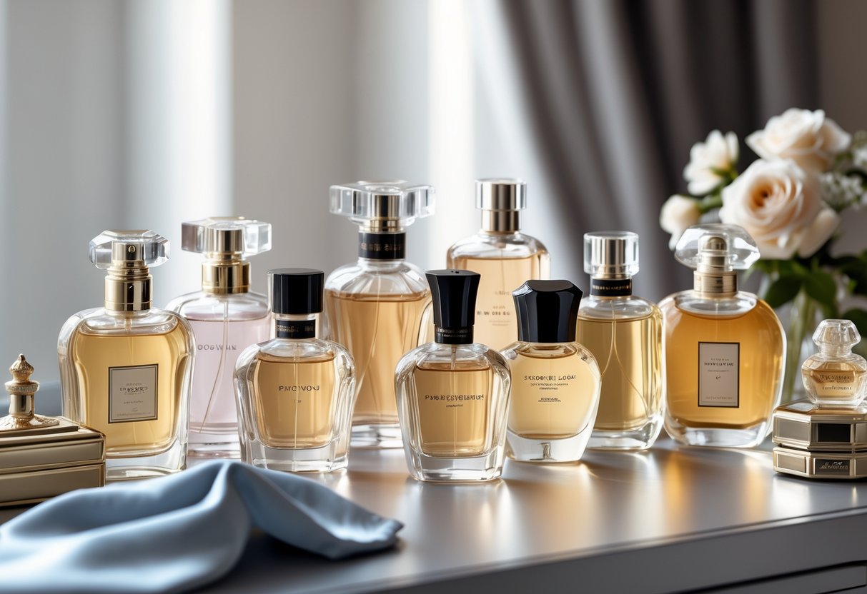 A vanity table with a collection of elegant perfume bottles, a silk scarf, a jewelry box, and fresh flowers arranged neatly.