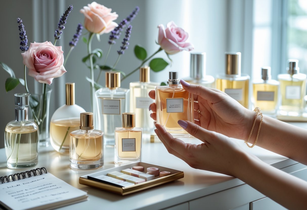 A person holding a perfume bottle above a vanity table filled with various perfume bottles, flowers, and a notebook.