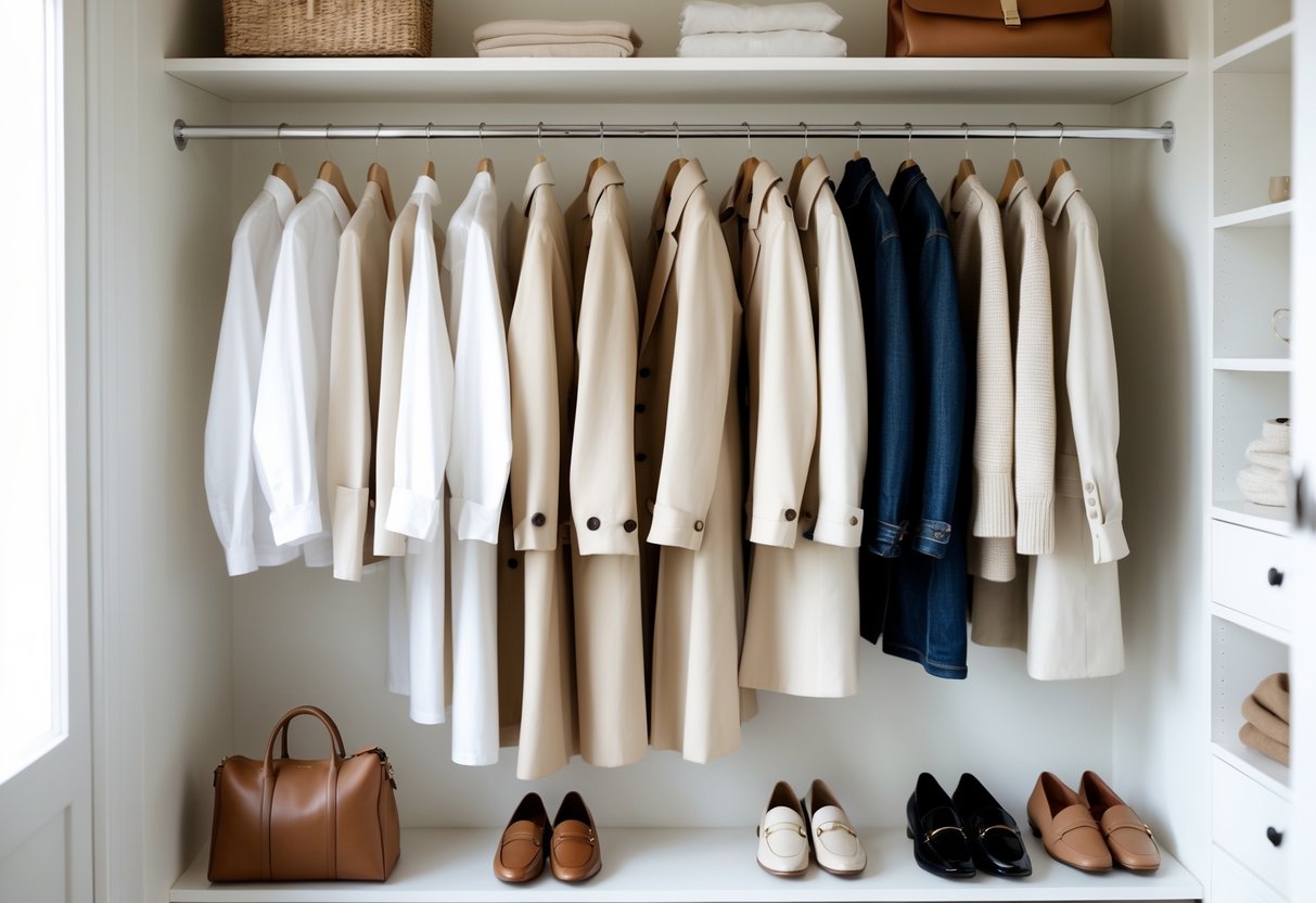 A tidy walk-in closet with neutral-colored clothes and accessories neatly arranged on shelves and hangers.